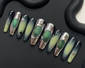 Green Starry Sky, Press-on Nails, Dress-up Gift, Silver-black-dark-green  Gradient Blush, Magic Mirror Pink Sparkling Four-pointed Star - Etsy
