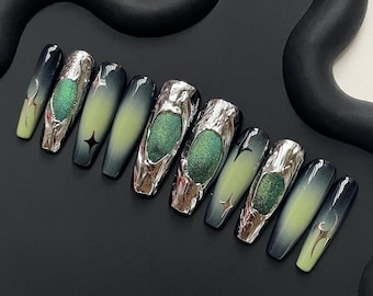 Green Starry Sky, Press-On Nails, Dress-Up Gift, Silver-Black-Dark-Green Gradient Blush, Magic Mirror Pink Sparkling Four-Pointed Star