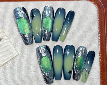 Green Starry Sky Press On Nails, Cyberpunk Y2K, Hand-Painted