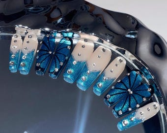 Blue Demon Butterfly, Handmade Nail Art, Press-On Nails, Heavy-Duty Flashing Melbourne Hand-Painted Hollow Half Wings, Long Ladder Nails