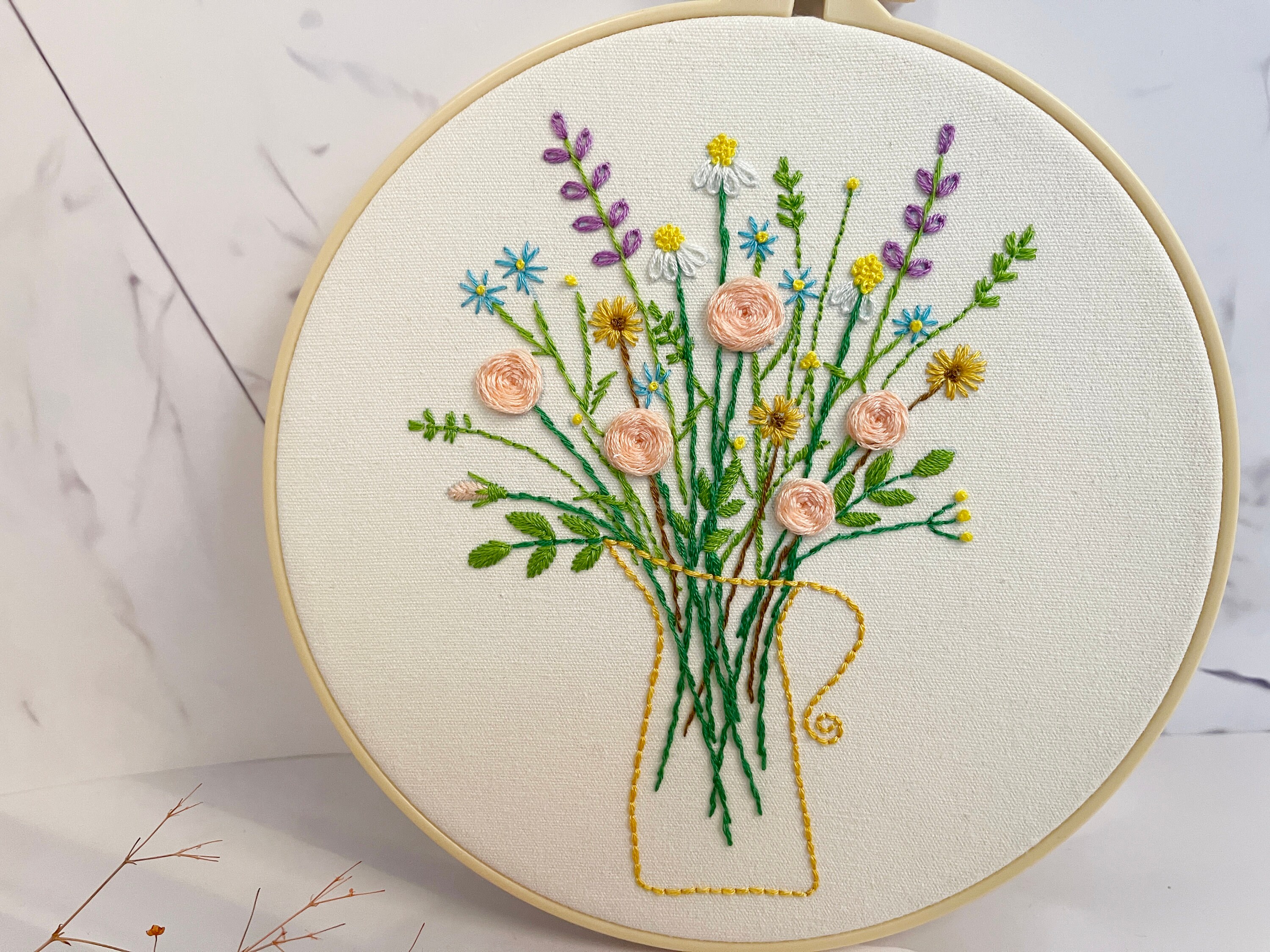 Floral embroidery kit beginnerfull kit with ringmodern Etsy