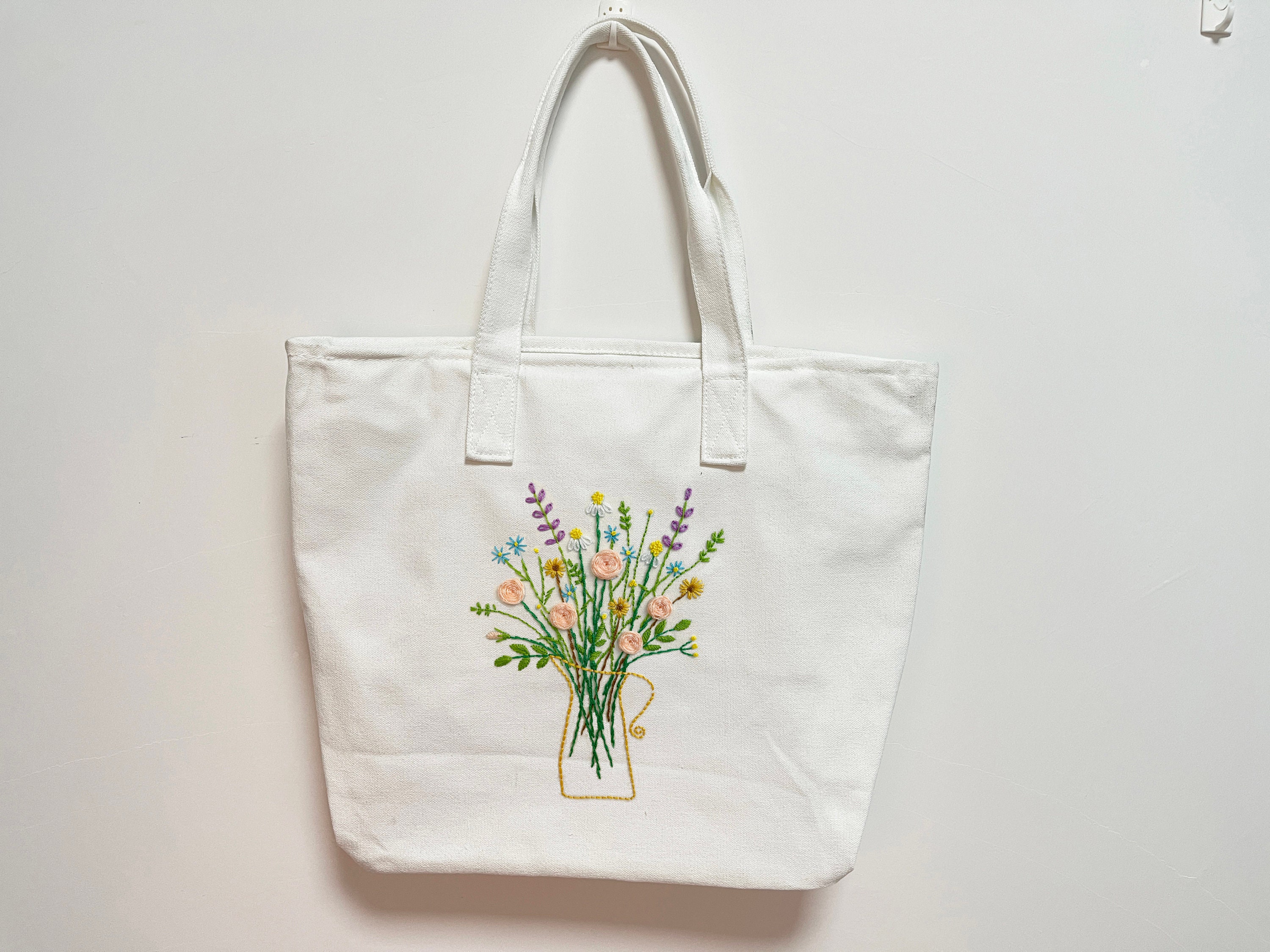 Pink flower embroidery tote bag kit for beginnersFull kit Etsy