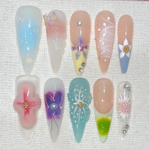 Paradis féerique des fleurs, ongles à presser, art floral fantaisie papillons, aiguille longue 3d faux ongles, nail art fait main, cadeau