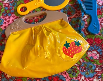 Vintage 80s Fisher Price Yellow My Pretty Purse Strawberry + Comb + Watch + Mirror