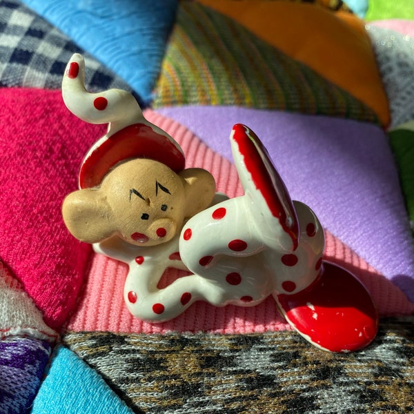 Vintage Napco Ceramic Red & White Polka Dot Pixie Elf Clown Figurine w/Big Ears Japan
