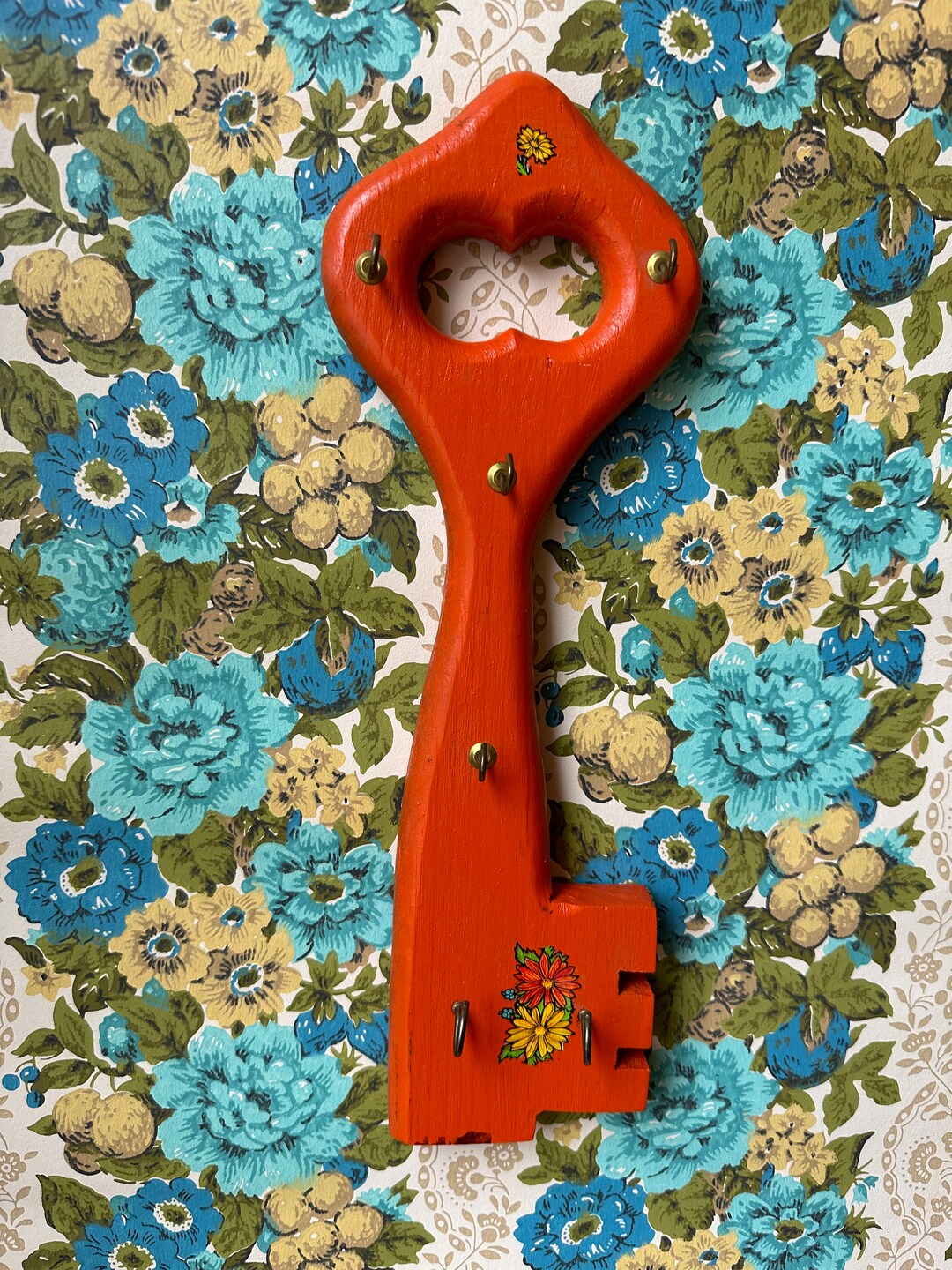 Big Handmade Vintage Orange Wooden Key Shaped Key Holder With Hooks Etsy