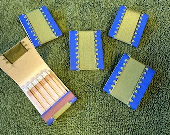 5 Vintage Green & Blue Ribbon Covered Matchbooks Matches
