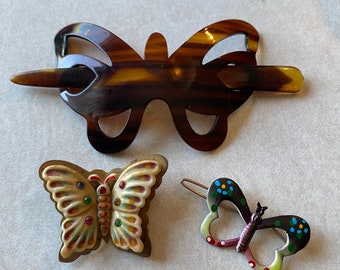 Vintage Butterfly Lot Painted Painted Barrette + Pin Brooch + Plastic Ponytail Hair Slide France