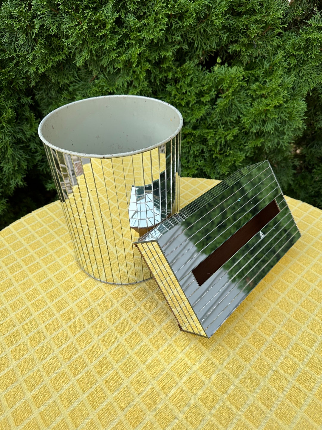 Vintage Mirrored Garbage Can Waste Basket & Tissue Box Cover Etsy