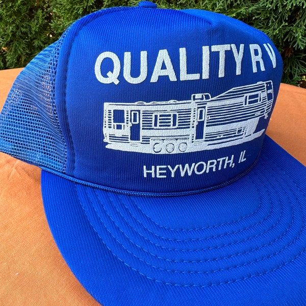Vintage 80s 90s Blue Mesh Heyworth Illinois Quality RV Snapback Hat Rope Polyester