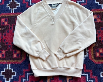 Kid’s Vintage 70s 80s Lee Tag Small Beige Velour Long Sleeve V-neck Shirt