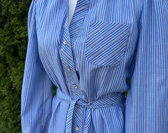 Vintage Schrader Sport Blue Striped Shirtdress Tag 12