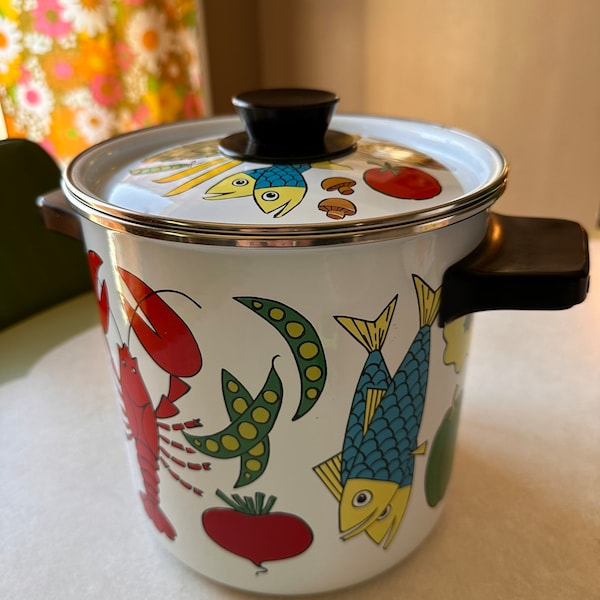 Vintage 70s San Ignacio Metal Enamel Stockpot Steamer Seafood Vegetables