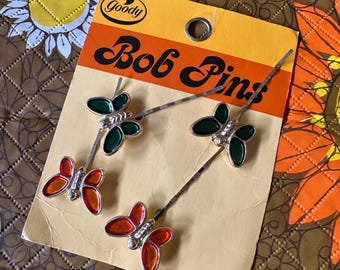Vintage 70s 1975 Goody Orange & Green Butterfly Bob/Bobby Pins Barrettes