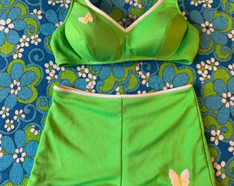 Vintage 60s Catalina Lime Green Butterfly Shorts & Bra Top Bikini