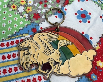 Vintage 80s Rainbow Flying Pegasus Keychain Mirror