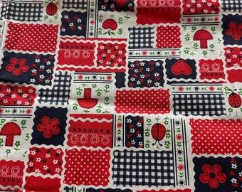 Vintage 70s Wamsutta Blue Red White Flower Mushroom Fabric Remnant 1 Yard x 36”