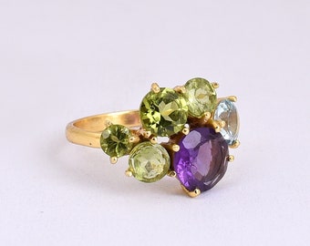 Very Beautiful 100% Amethyst, Blue Topaz, Peridot 18k Gold Ring, Gold Jewelry, 18k Gold Jewelry, Beautiful Gold Ring, Wholesale Ring