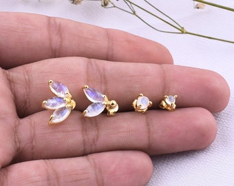 Moonstone Earrings Set, Gold Stud Earrings, 925 Sterling Silver, Rainbow Moonstone Stone Earrings, Minimalist Dainty Cute Tiny Stud Earrings