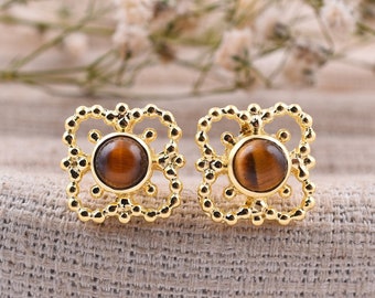 Natural Tiger's Eye Stud Earrings, Sterling Silver Studs, Unique Gem Earrings, Golden Brown Stone, Gold Plated Earring, Tigers Eye Jewelry