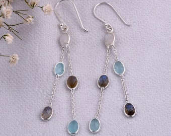 Mondstein Aqua Chalcedon Labradorit Ohrringe: Sterling Silber Schmuck