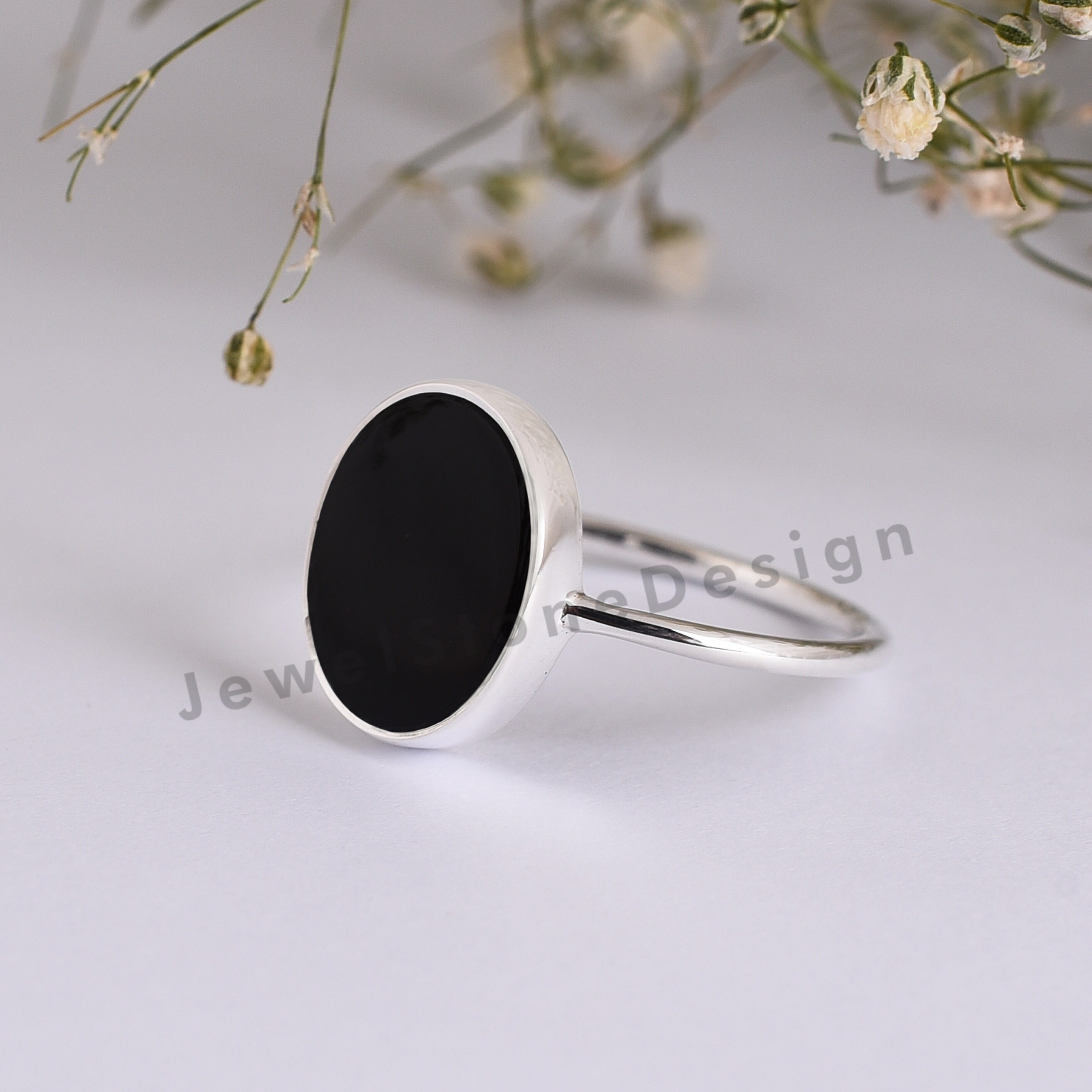 Oval Black Ring 925 Sterling Silver Ring Ring With Flat Oval