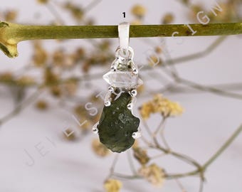 Authentic Czech Moldavite Pendant, 925 Silver, Herkimer Diamond Pendant, Certified Space Tektite, Rare Gemstone Jewelry, Birthday Gift.