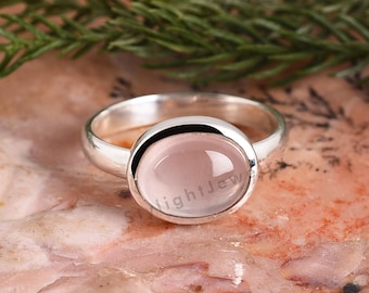 Gemstone Ring, Natural Rose Quartz Silver Ring, 925 Sterling Silver, Vintage Rose Quartz Cabochon Ring, Genuine Gemstone Ring, Gift for Her.