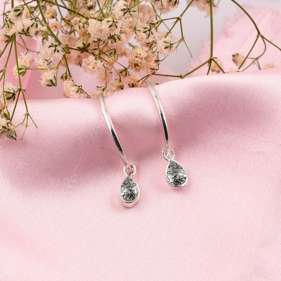 Rutilated quartz teardrop earrings, Rutile Jewelry, Silver Hoop Earrings, Black tourmalated Quartz earrings, More Color Options Available