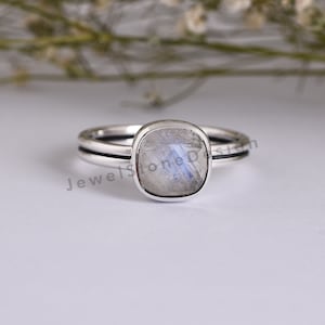 Handmade Square Rainbow Moonstone Ring: 925 Sterling Silver Bohemian Jewelry
