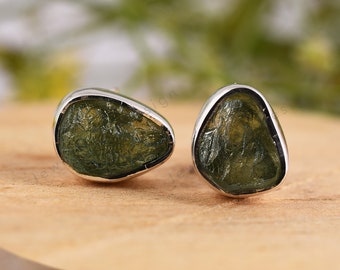 Raw Moldavite Stud Earrings, Sterling Silver, Genuine Certified