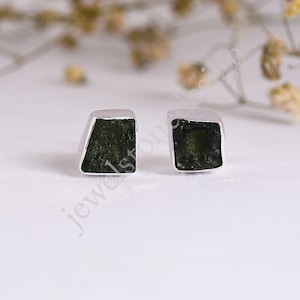 100% Natural Moldavite Raw Genuine, Stud Earrings ,Authentic Moldavite, Raw Moldavite ,Sterling Silver Earrings, Certified Moldavite Earring