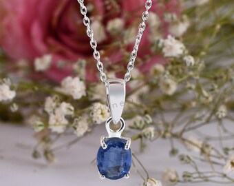 Kyanite silver pendant necklace blue crystal gemstone statement jewelry for her unique handmade boho bohemian anniversary gift.