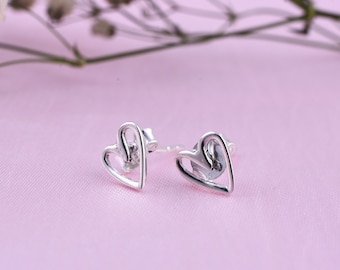 Tiny Heart Stud, 925 Sterling Silver Open Heart Studs, Mini Minimalist, Love Earrings, Dainty Everyday Stacking Jewelry, Cute Gift for Her