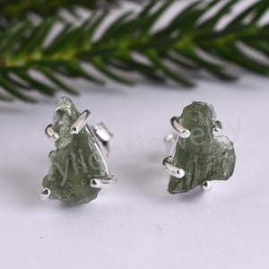 Natural Rough Moldavite Earring, Authentic Moldavite, 925 Sterling Silver Moldavite Earring, Raw Moldavite Prong Stud Earring, Gift for Her.
