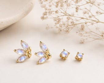 Moonstone Earrings Set, Gold Stud Earrings, 925 Sterling Silver, Rainbow Moonstone Stone Earrings, Minimalist Dainty Cute Tiny Stud Earrings