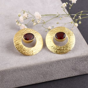 Garnet Stud Earrings: Round 925 Sterling Silver, Handmade