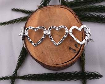 Hammered Sterling Silver Heart Bracelet - 9 Heart Design