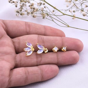 Moonstone Earrings Set, Gold Stud Earrings, 925 Sterling Silver, Rainbow Moonstone Stone Earrings, Minimalist Dainty Cute Tiny Stud Earrings