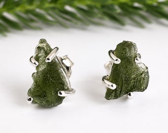 Natural Rough Moldavite Earring, Authentic Moldavite, 925 Sterling Silver Moldavite Earring, Raw Moldavite Prong Stud Earring, Gift for Her.