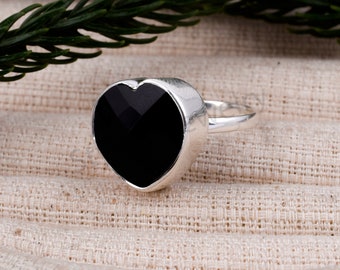Black Onyx Ring, Onyx Silver Ring, Boho Ring, Hippie Ring, Heart Shape Ring, 925 Sterling Silver Ring, Handmade Ring, Dainty Gift For Her