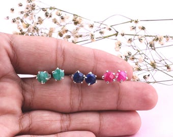 Dainty Emerald Stud Earrings, Tiny Colorful Gemstone Studs, May Birthstone Gift, Sterling Silver Minimalist Jewelry, More Colors Available
