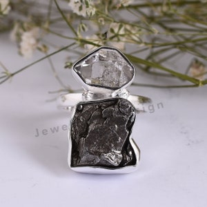 Beautiful Meteorite And Herkimer Gemstone Silver Ring, 925 Sterling Silver, Unique Meteorite Stone, Meteorite Silver Ring, Gift For Mother