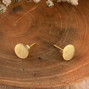 Gold Plated Sterling Silver Stud Earrings: 8mm Round Textured Discs