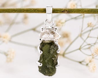 Echter Tschechischer Moldavit Anhänger, 925 Silber, Herkimer Diamant Anhänger, Zertifizierter Weltraum Tektit, Seltener Edelstein Schmuck, Geburtstagsgeschenk.