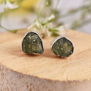 100% Natural Moldavite Raw Genuine, Stud Earrings ,Authentic Moldavite, Raw Moldavite ,Sterling Silver Earrings, Certified Moldavite Earring