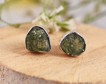 100% Natural Moldavite Raw Genuine, Stud Earrings ,Authentic Moldavite, Raw Moldavite ,Sterling Silver Earrings, Certified Moldavite Earring
