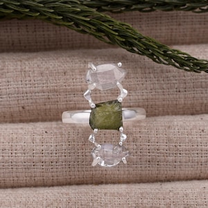 Handmade Sterling Silver Moldavite & Herkimer Diamond Ring: Boho Style