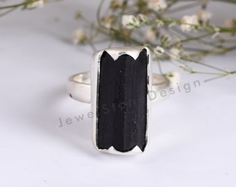 Zwarte toermalijnring, ruwe zwarte toermalijnring, 925 sterlingzilver zwarte toermalijnring, edelsteen zilveren ring, zilveren ring
