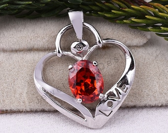 Red Garnet Heart Pendant, 925 Sterling Silver, January Birthstone Necklace, Valentine's Day Gift, Birthday Gift, Love Heart Pendant,For Gift